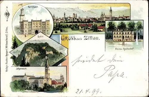 Litho Zittau in der Oberlausitz, Rathaus, Berg Oybin, Weinau Restaurant, Johanneum