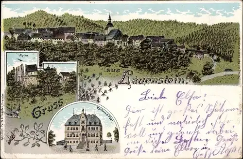 Litho Lauenstein Altenberg im Erzgebirge, Ruine, Rathaus, Post, Blick auf den Ort