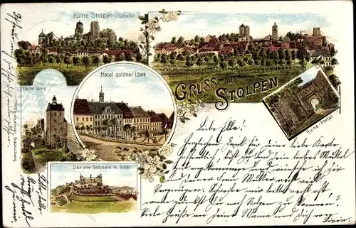 Litho Stolpen in Sachsen, Ruine, Hotel goldner Löwe, altes Schloss, Blick auf den Ort