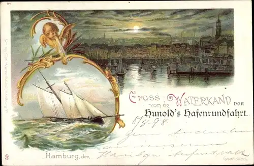 Mondschein Litho Hamburg Mitte Altstadt, Segelboot, Engel, Waterkand, Hunold's Hafenrundfahrt