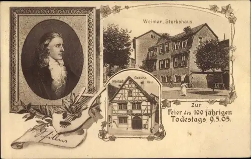 Ak Weimar in Thüringen, Schiller Portrait, Geburts- und Sterbehaus