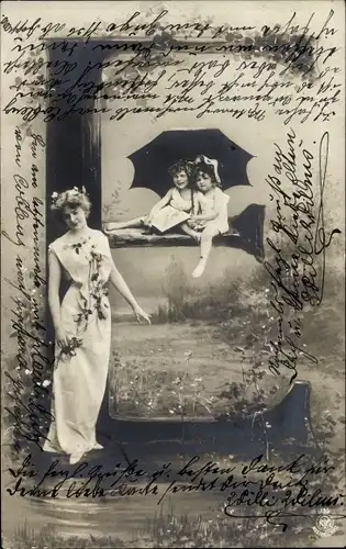 Buchstaben Ak E, Frühlingsidyll, Teich, Frau, Kinder mit Regenschirm, NPG 195