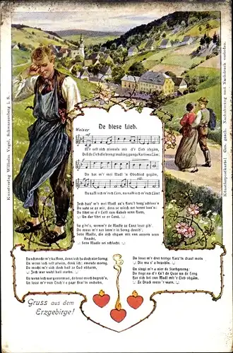 Lied Ak De biese Lieb, Wilhelm Vogel, Erzgebirge, Liebespaar, weinender Mann
