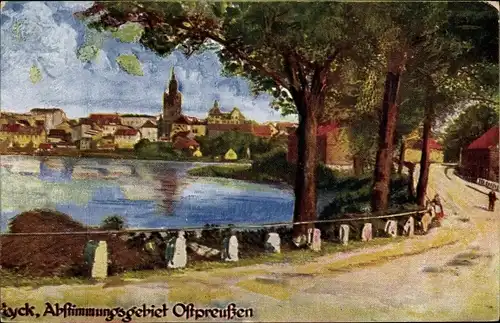 Künstler Ak Ełk Lyck Masuren Ostpreußen, Abstimmungsgebiet, Wasserpartie mit Blick zur Stadt