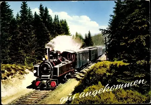 Ak Deutsche Eisenbahn, Dampflokomotive, Gute angekommen, Wald, Gleise