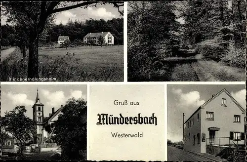 Ak Mündersbach Westerwald, Blindenerholungsheim, Waldpartie, Kirchturm