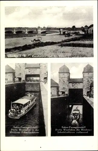 Ak Minden in Westfalen, Kanalbrücke, Salon Passagierschiff Porta Westfalica, Schachtschleuse