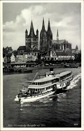 Ak Köln am Rhein, Dom mit St. Martinkirche und Rheinufer, Salondampfer