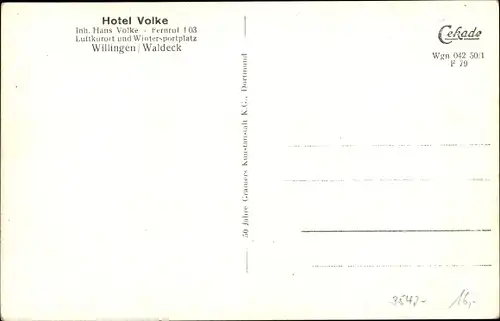 Ak Willingen Waldeck, Hotel Volke, Treis, Paradies