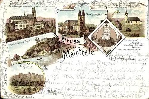 Litho Bad Staffelstein am Main Oberfranken, Schloss Banz, Vierzehnheiligen, Staffelberg