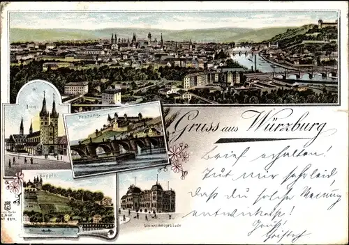 Litho Würzburg am Main Unterfranken, Gesamtansicht, Dom, Festung, Käpple, Universität