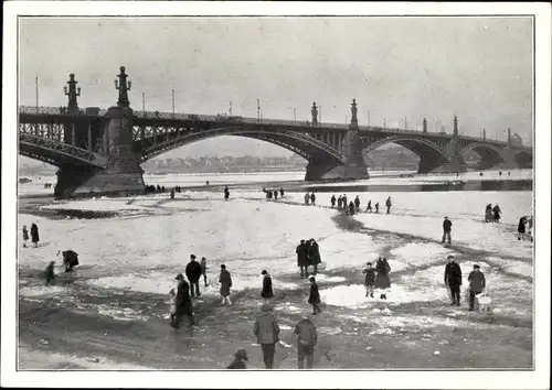 Ak Mainz am Rhein, Partie auf dem zugefrorenen Rhein, Brücke, Eisjahr 1929