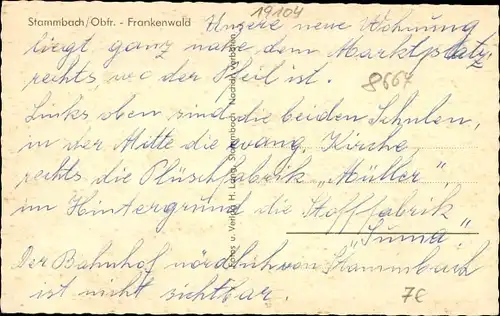 Ak Stammbach in Oberfranken, Frankenwald, Gesamtansicht, Marktplatz, Kulmacher Straße