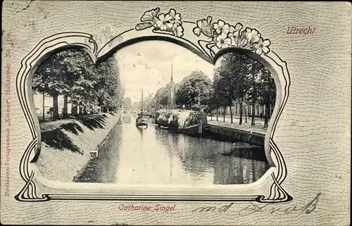 Passepartout Ak Utrecht Niederlande, Catharina Singel, Kanal, Segelschiff, Frachtkahn