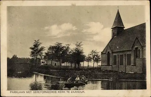 Ak Zaandijk Nordholland, Parklaan met gereformeerde Kerk, Ruderboot