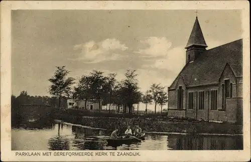 Ak Zaandijk Nordholland, Parklaan met gereformeerde Kerk, Ruderboot