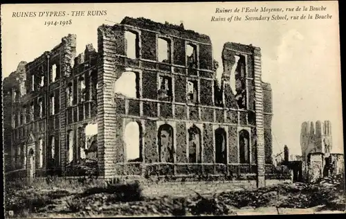 Ak Ypres Ypern Flandern, Ruines de l'Ecole Moyenne, rue de la Bouche, 1. WK