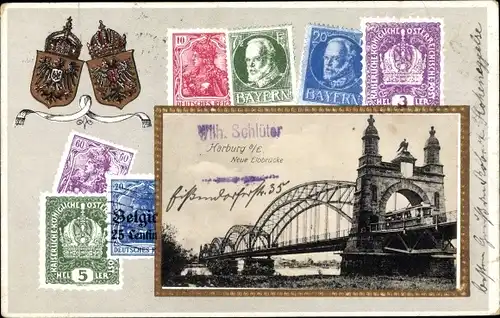 Briefmarken Wappen Ak Hamburg Harburg, Neue Elbbrücke, Österreichische und Bayrische Marken