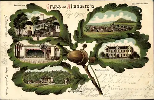 Eichenblatt Litho Altenberg im Erzgebirge, Eisenbahnschule, Jagdschloss, Hotel zur Post,Innenansicht