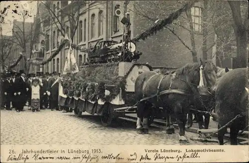 Ak Lüneburg in Niedersachsen, 26. Jahrhundertfeier 1913, Lokomotivbeamte, Modelleisenbahn