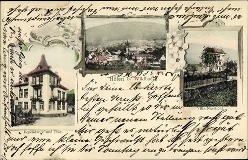 Ak Höfen an der Enz Schwarzwald, Villa Naschold, Dependance und Post, Blick auf den Ort