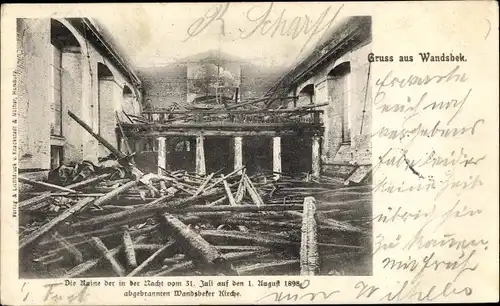 Ak Hamburg Wandsbek, Ruine der abgebrannten Kirche, 01.08.1898