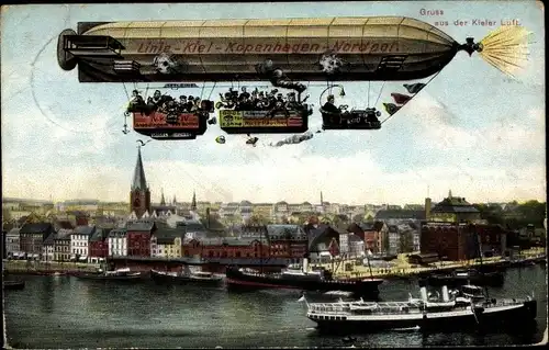 Ak Hansestadt Kiel, Zeppelin Linie Kiel Kopenhagen Nordpol, Dampfer, Luftschiff