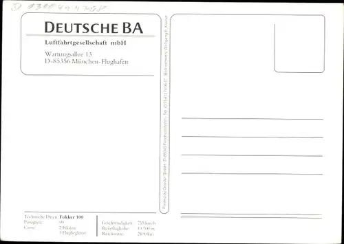 Ak Deutsches Passagierflugzeug, Deutsche BA, Fokker 100