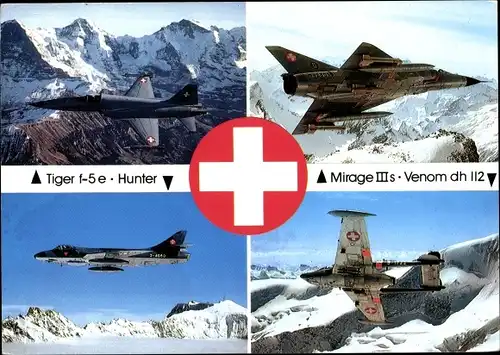 Ak Schweizerische Militärflugzeuge, Tiger f-5e, Hunter, Mirage IIIs, Venom dh II2