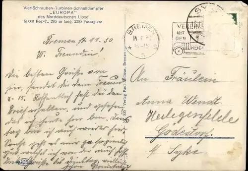 Ak Riesendampfer Europa, Vierschrauben Turbinen Schnelldampfer, NDL