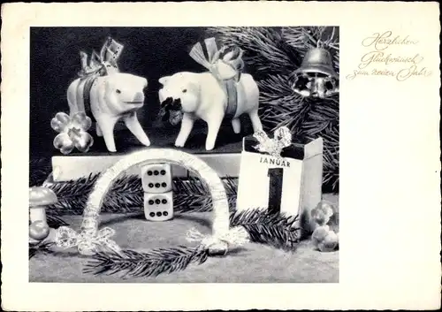 Ak Glückwunsch Neujahr, Schweine, Kalender, Spielwürfel, Glocken