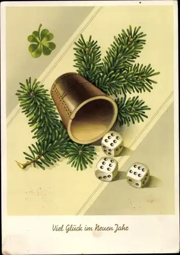 Ak Glückwunsch Neujahr, Würfelbecher, Spielwürfel, Kleeblatt