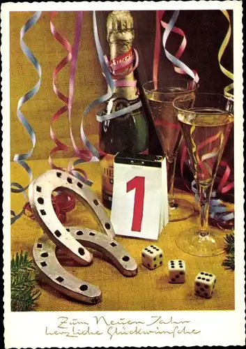 Ak Glückwunsch Neujahr, Sektflasche, Sektgläser, Spielwürfel, Kalender, Hufeisen