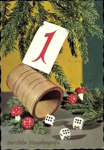 Ak Glückwunsch Neujahr, Tannenzweig, Würfelbecher, Spielwürfel, Kalenderblatt, Fliegenpilze