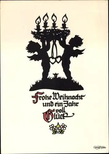 Scherenschnitt Künstler Ak Plischke, Georg, Frohe Weihnachten, Engel, Adventskranz