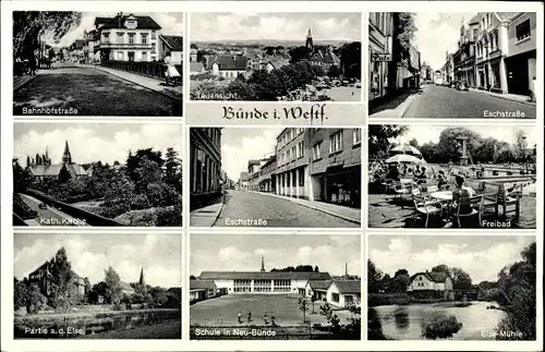 Ak Bünde in Westfalen, Bahnhofstraße, Eschstraße, Kirche, Freibad, Else, Schule