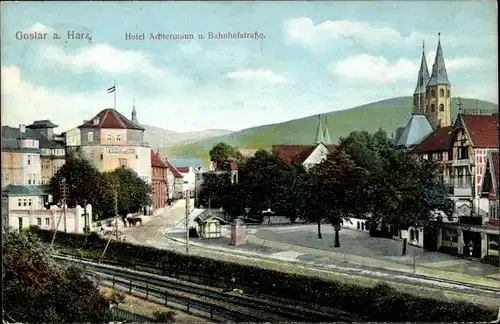 Ak Goslar am Harz, Hotel Achtermann und Bahnhofstraße