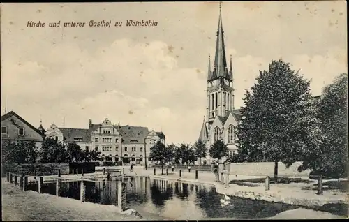 Ak Weinböhla in Sachsen, Ortspartie, Kirche, unterer Gasthof