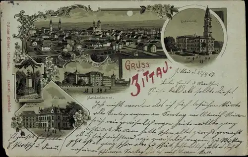 Mondschein Litho Zittau in der Oberlausitz, Johanneum, Mandaukaserne, Postamt, Denkmal