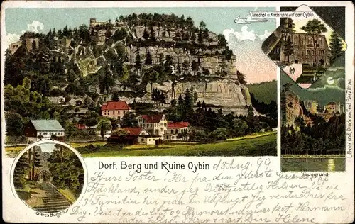 Litho Oybin in der Oberlausitz, Kirchruine, Friedhof, Oberes Burgtor