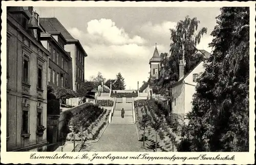 Ak Crimmitschau in Sachsen, Die Jacobsgasse mit Treppenaufgang und Gewerbeschule