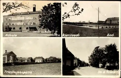 Foto Ak Neukieritzsch in Sachsen, Schule, Bad, Friedhofskapelle, Straße des Friedens