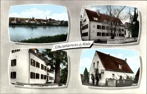 Ak Schwarzenau Schwarzach am Main Unterfranken, Klosterbräustüble, Ort vom Ufer gesehen