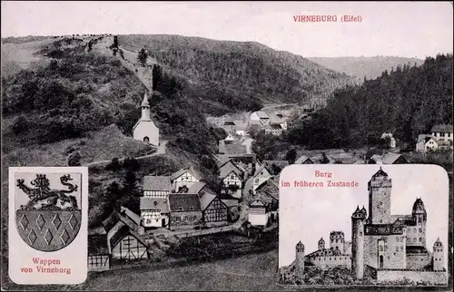Ak Virneburg in der Eifel, Burg im früheren Zustand, Ortsansicht, Stadtwappen