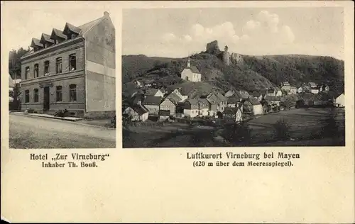 Ak Virneburg in der Eifel, Hotel Zur Virneburg, Ort mit Ruine