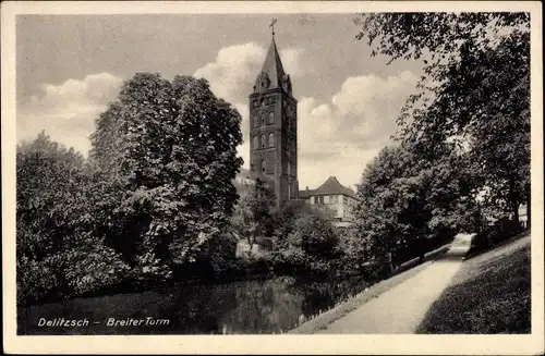 Ak Delitzsch in Nordsachsen, Breiter Turm, Weg, Flusspartie