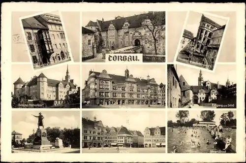 Ak Torgau, Teilansichten, Strandbad, Rathaus, Markt