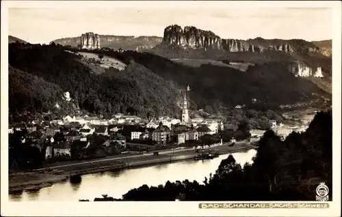 Ak Bad Schandau Sächsische Schweiz, Gesamtansicht mit Schrammsteine