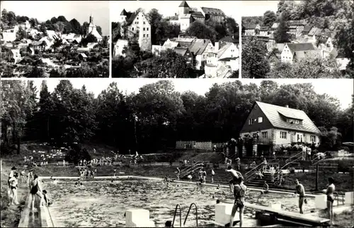 Ak Hohnstein in der Sächsischen Schweiz, Freibad, Jugendburg, Blick auf den Ort, Kirche