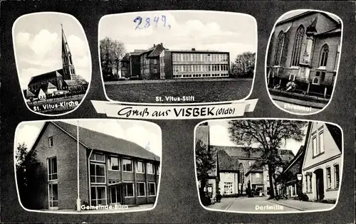 Ak Visbek in Oldenburg, Dorfmitte, Ehrenmal, St. Vitus Stift, Gemeinde Büro